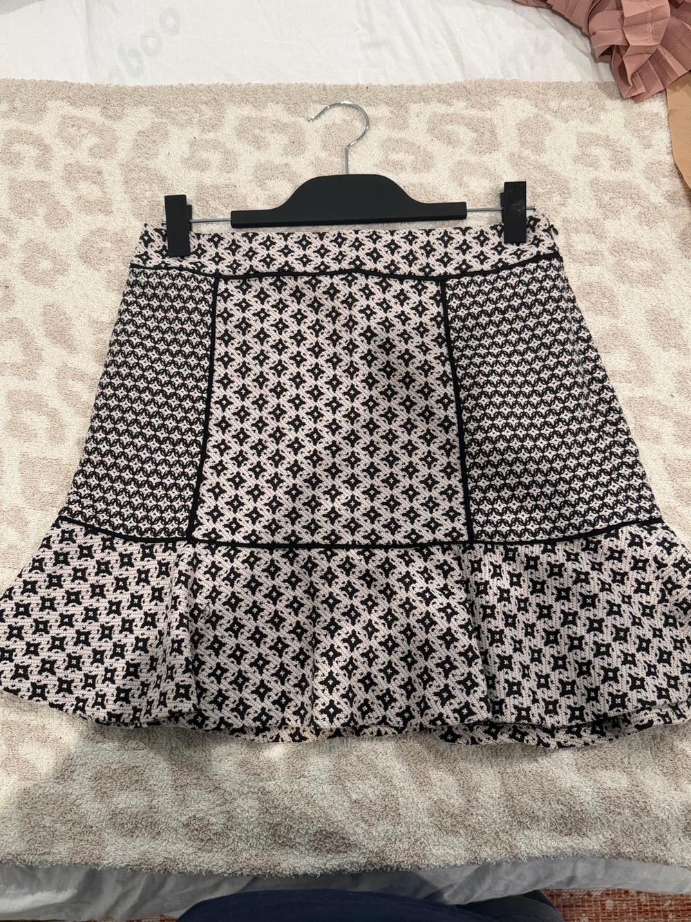 LOFT Black and Cream Patterned A-Line Ruffle Hem Skirt